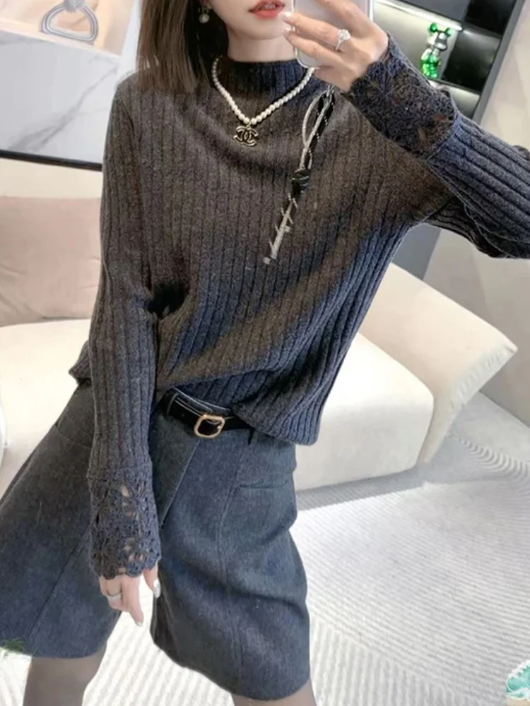 

Women's Long Sve Knitted Sweater Hollow out f High Collar Unique Beautiful Casual Sle Autumn Winter Top