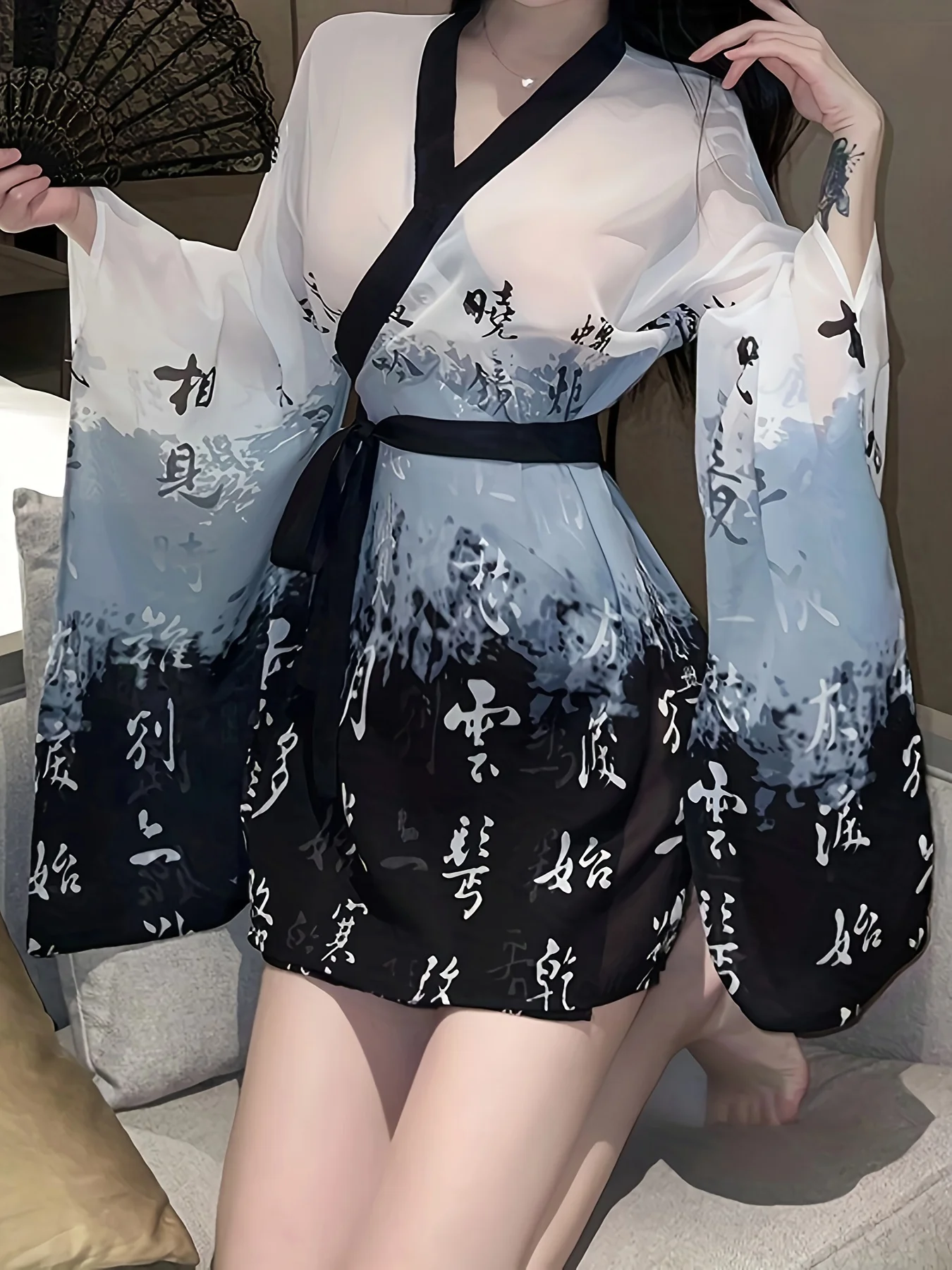 Japanese Kimono Women Sexy Lingerie Cosplay Pajamas See Through Mesh Nightgown Perspective Sleep Robe with Belt Nightwear