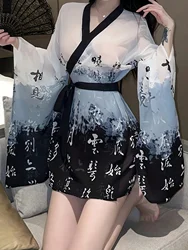 Japanese Kimono Women Sexy Lingerie Cosplay Pajamas See Through Mesh Nightgown Perspective Sleep Robe with Belt Nightwear