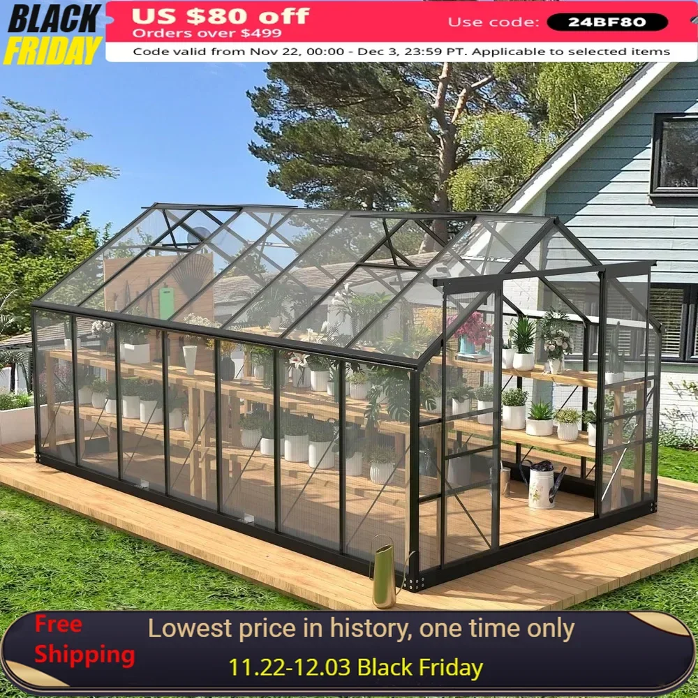 Polycarbonate Greenhouses, 8x14 FT Green Houses for Outside with 4 Adjustable Roof Vents, Walk-in Aluminum Frame Greenhouse