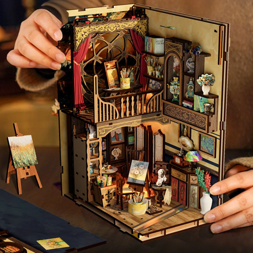 OUZEY Kit de bricolage de coin de livre en bois 3D - Modèle miniature « Un monde dans un cadre » avec figurines, cadeau de décoration d'étagère fait à la main