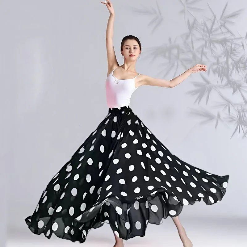 Saia de cintura alta para dança clássica flamenco, 720 graus, roupas de dança, bolinhas, saia estampada, roupa de performance de palco de dança