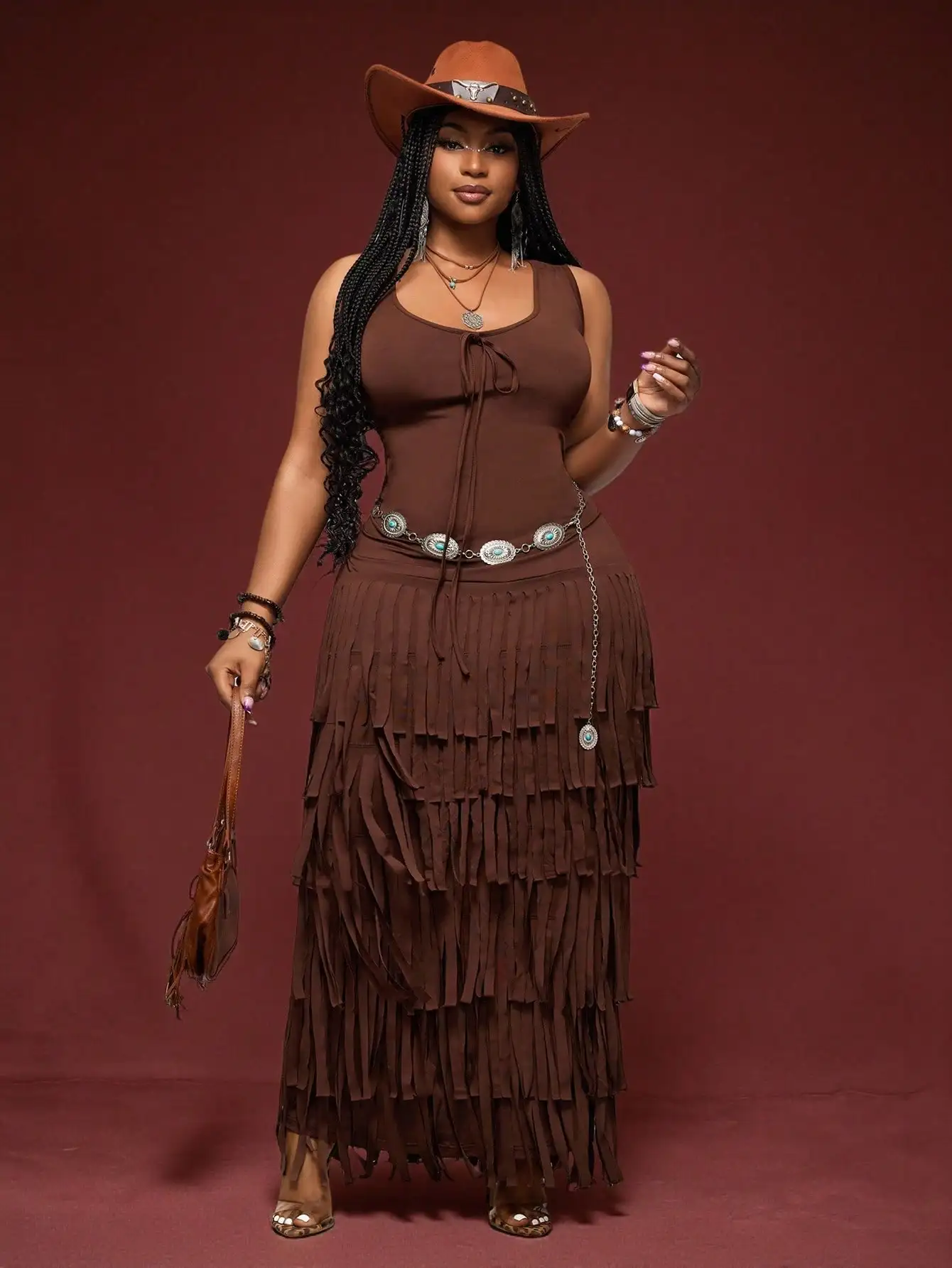 

Brown Fringe Maxi Skirt with Turquoise Concho Belt, Boho Style, Plus Size