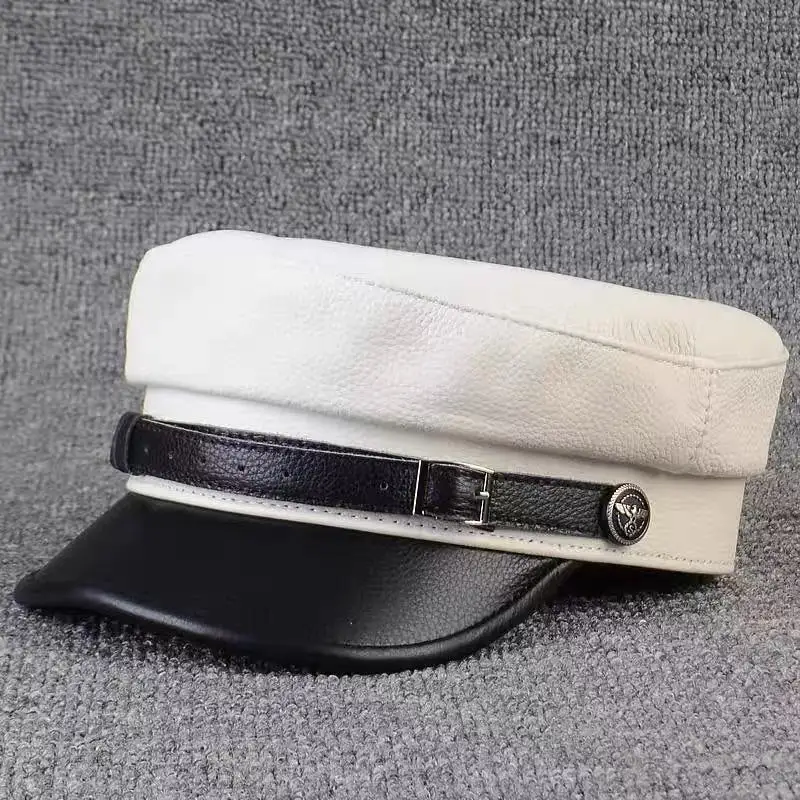 Real Leather Hat Men 2025 Branded New High Quality Genuine Cowhide Leather Flat Top Caps with Belt White Gorra Militar Hombre