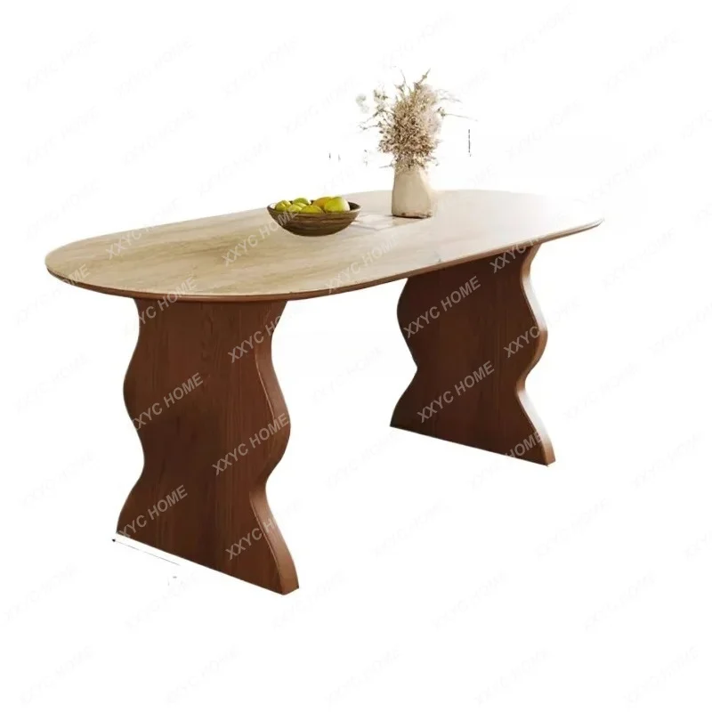 .Retro Solid Wood Stone Plate Dining Table Rectangular Home Table and Chair Combination Modern Minimalist