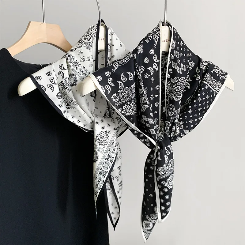 Neckerchief Black White Paisley Faux Silk Twill Irregular Diamond Commute Style Elegant Small Scarf for Women Office Daily Gift