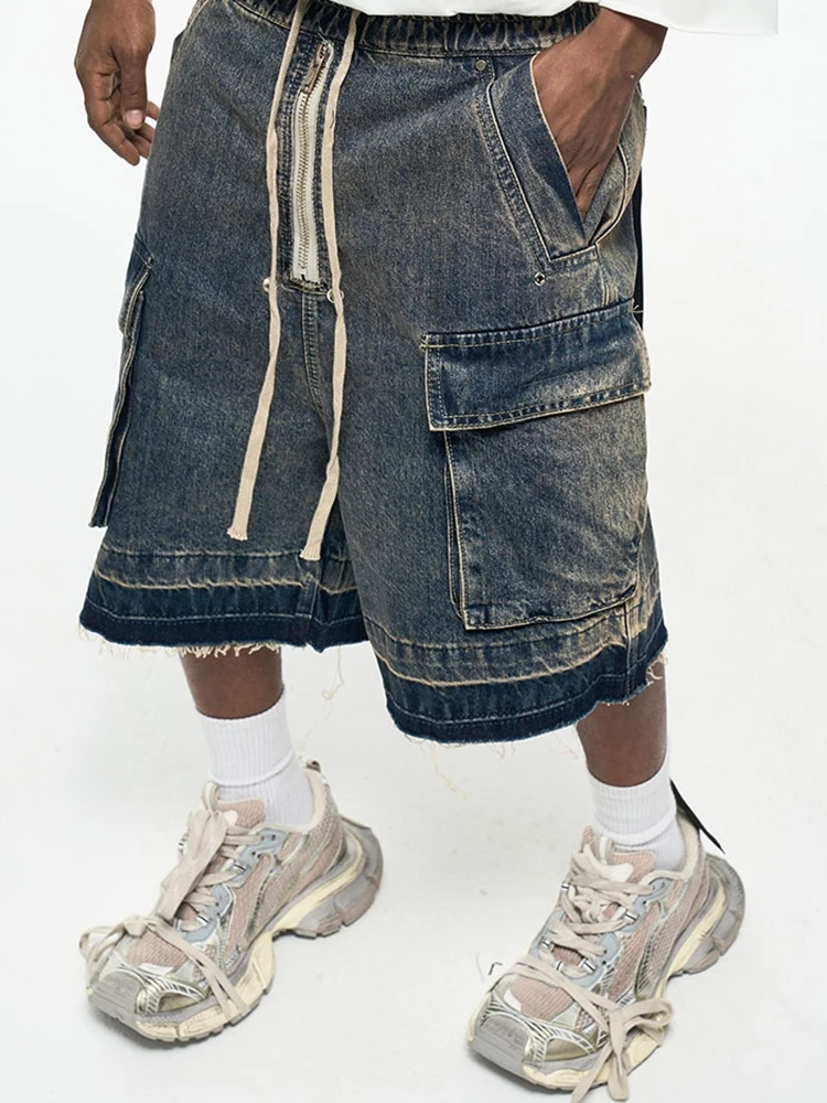 Zipper Pocket Overalls Shorts Washed Ribbon Loose Denim Cropped Pants Men Distressed Jorts