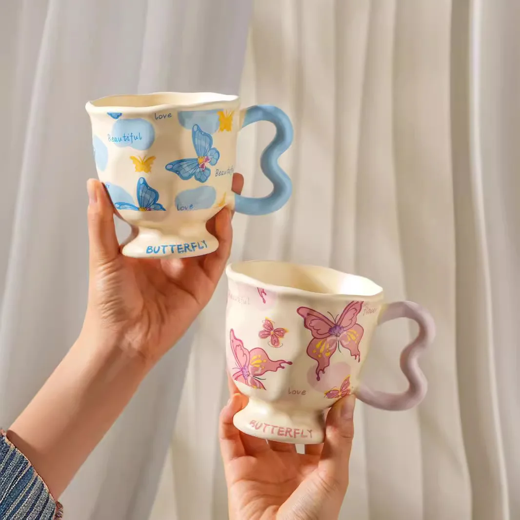 

Creative Cartoon Butterfly Mug Ceramic High Beauty Girl Breakfast Cup with Hand Gift Couple Coffee Cup Heat-resistant