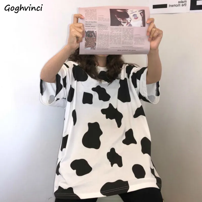 Short Sleeve T-shirts Women Cow Pattern Printed Harajuku Casual Sweet Girls Cute Kawaii Ins 2XL Soft Loose Fashion Chic New BF