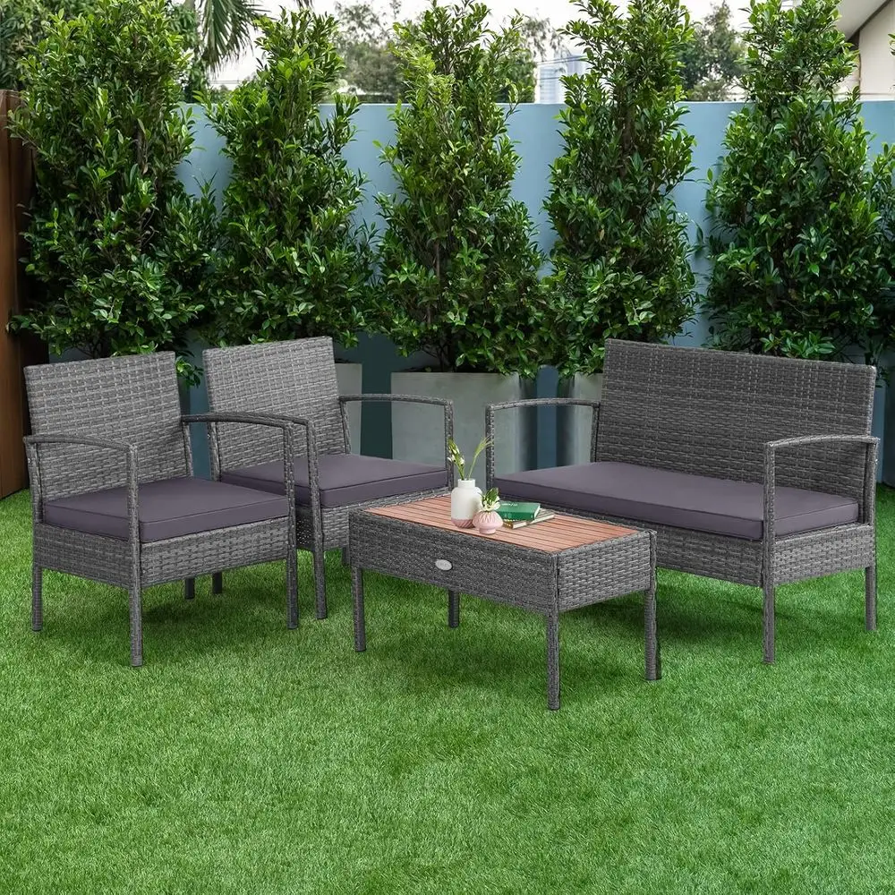 4 Pieces Rattan Patio Contion Set, PatioOutdoor Wicker Soa with Seat Cushions, Heavy-Duty Steel e, Acacia Wood Tabletop, Outdoor
