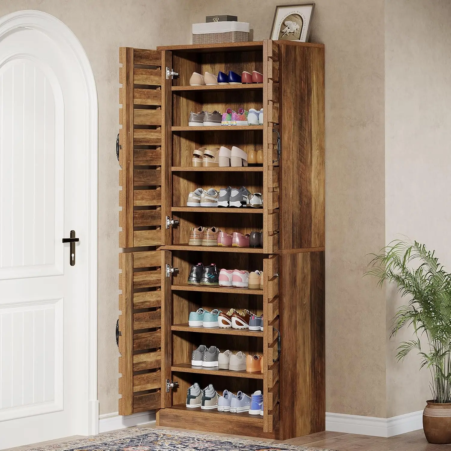 

70.8" Tall Shoe Cabinet, 9-Tier Rustic Brown Shoe Storage Organizer with Shutter Doors for 27 Pairs, Customized