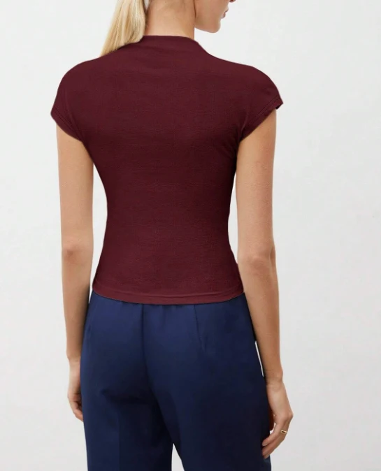 Tanktop für Damen, Stehkragen, kurze Ärmel, einfarbig, gerippter Strick, schmale Passform, Basic-Shirt für Büro und Alltag – Detail 5
