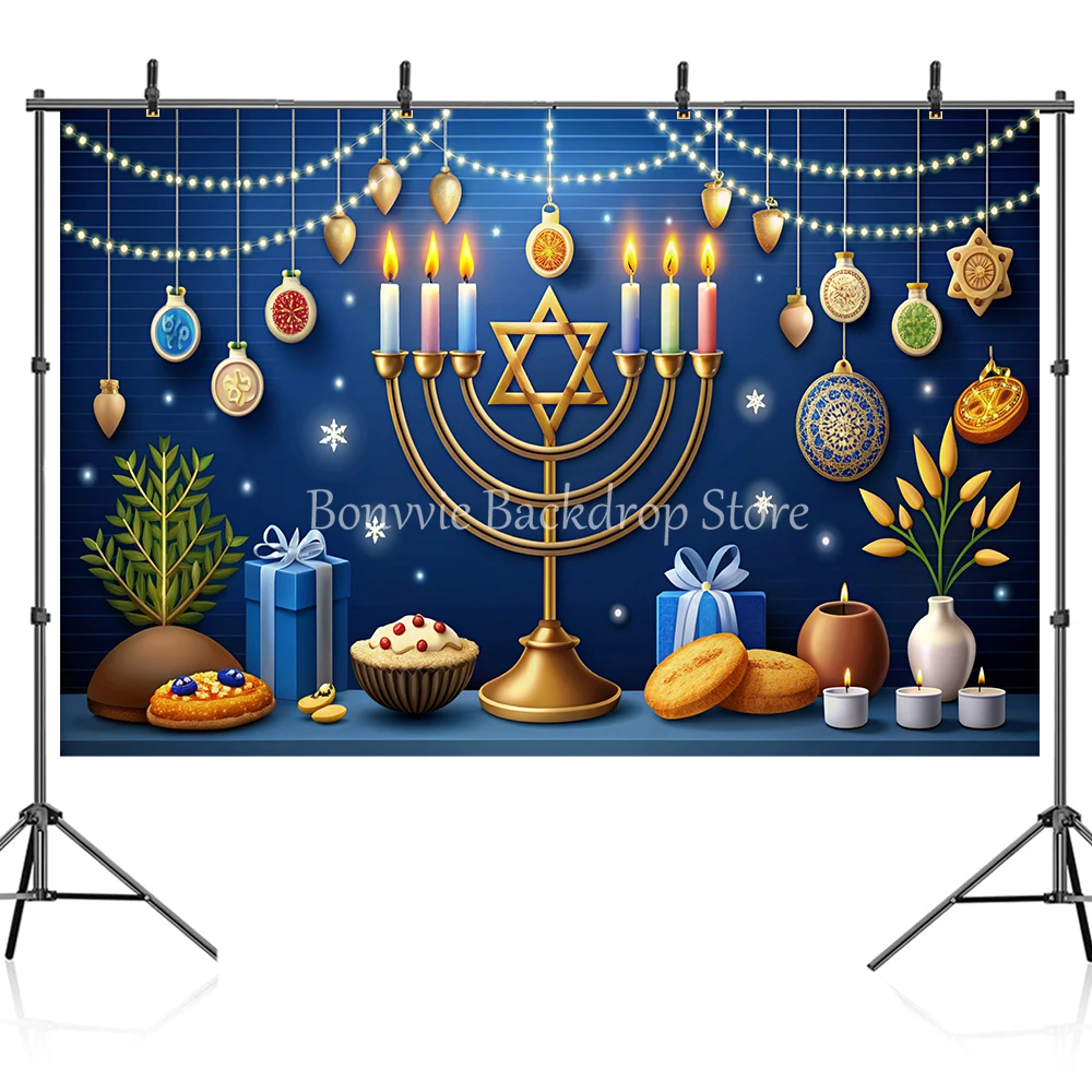 Judaism Happy Hanukkah Background Jewish Jesus Passover Candlestick Candles Bread Party Family Decor Banner Photo Shoot Props