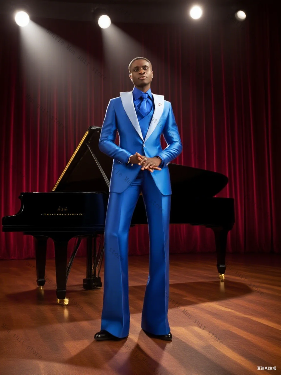 Light Blue Satin Men Suit Set 3 Pcs Blazer+Vest+Pants Trousers Wedding Tuxedo Formal Button Office Jacket Prom Coat Customized