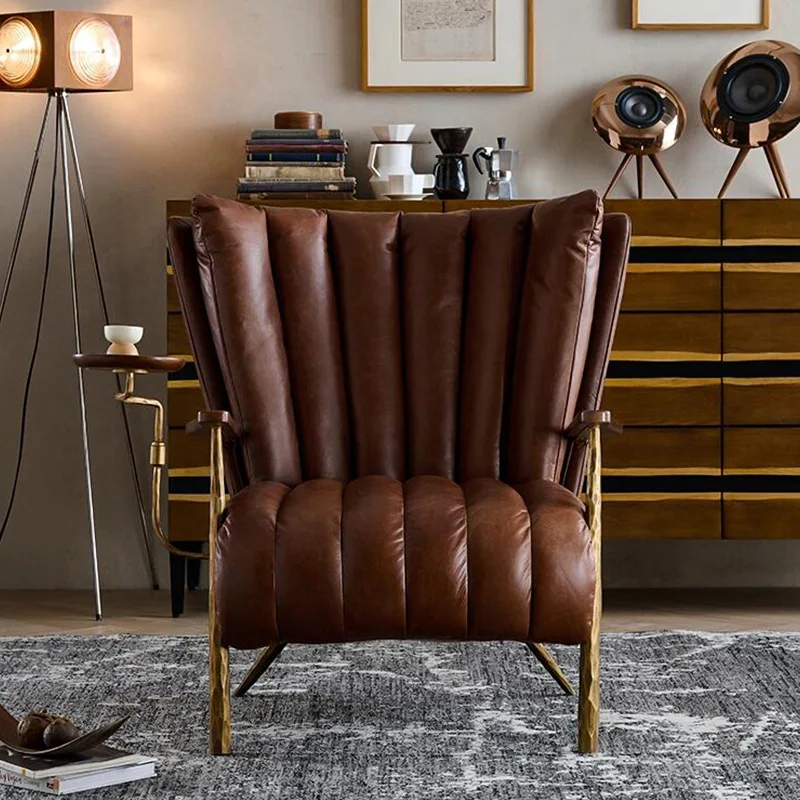 Hot Selling Contemporary Living Room Lounge Cigar Chair Headrest Genuine Leather Soft Wooden Arm Metal Forged Frame Hotel Use