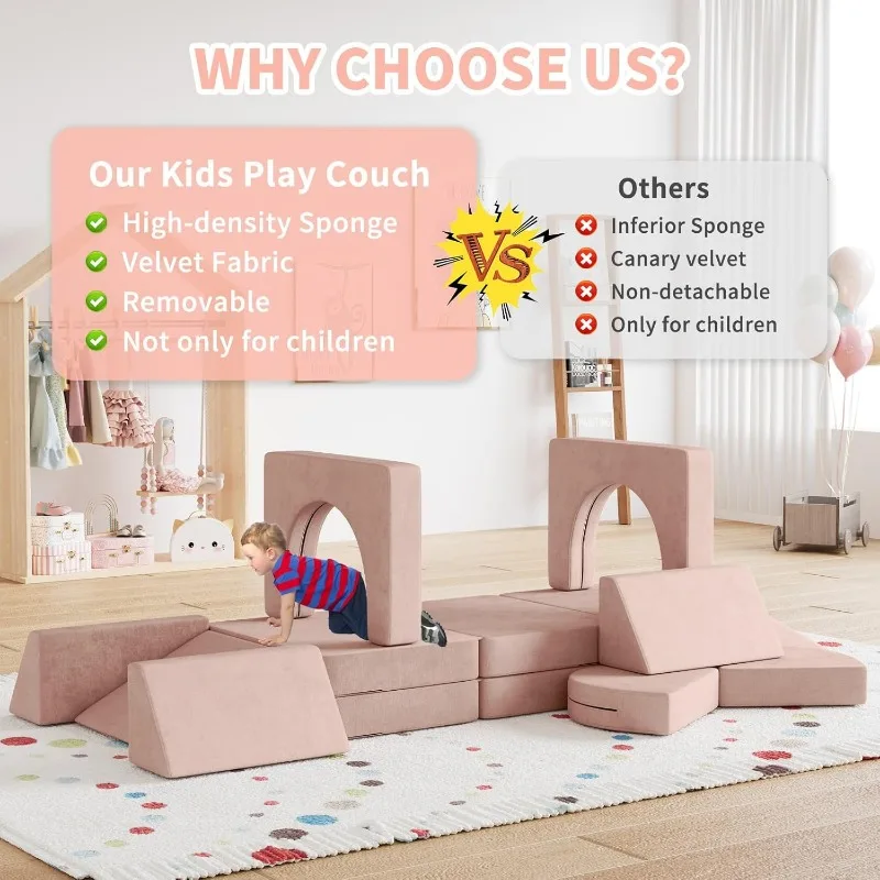 13PCS Modular Kids Play Couch 13 in 1 Toddler Couch for Playing, Creativing, Sleeping Indoor Kids Sofa for Boys and Girls (Pink)