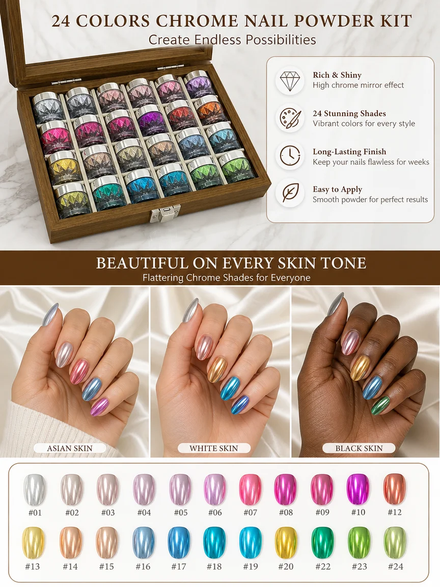 24 premium magic mirror nail powders, a color chart, and nail swabs. A storage box is also included. Suitable for nail art begin