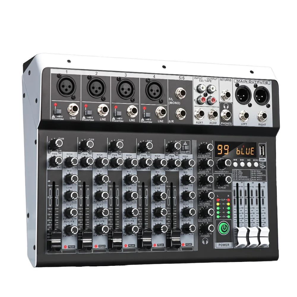 Professional Mini 16 DPS Audio Effects Sound Card 6 Channel Mixing Console Dj Controller for Live Noise Cancellation