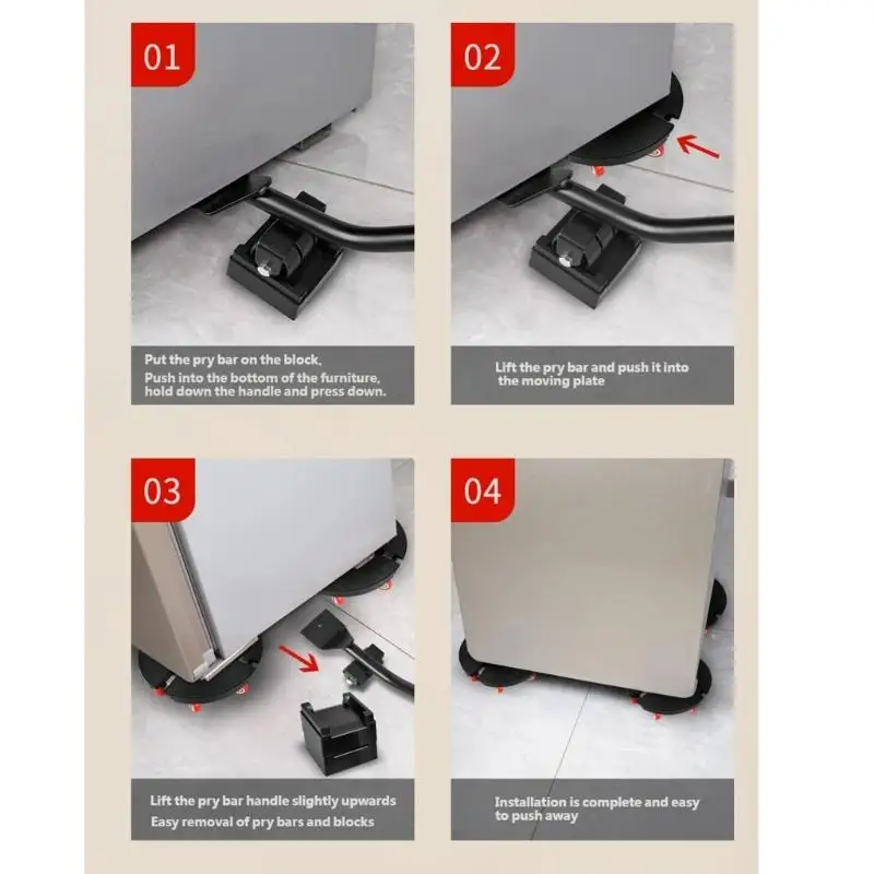 Rundes bewegliches Möbelsockel-Set mit vier fächerförmigen Rollstützen, Griffstruktur und roten Rollen für den Einsatz D2RD – Detail 8