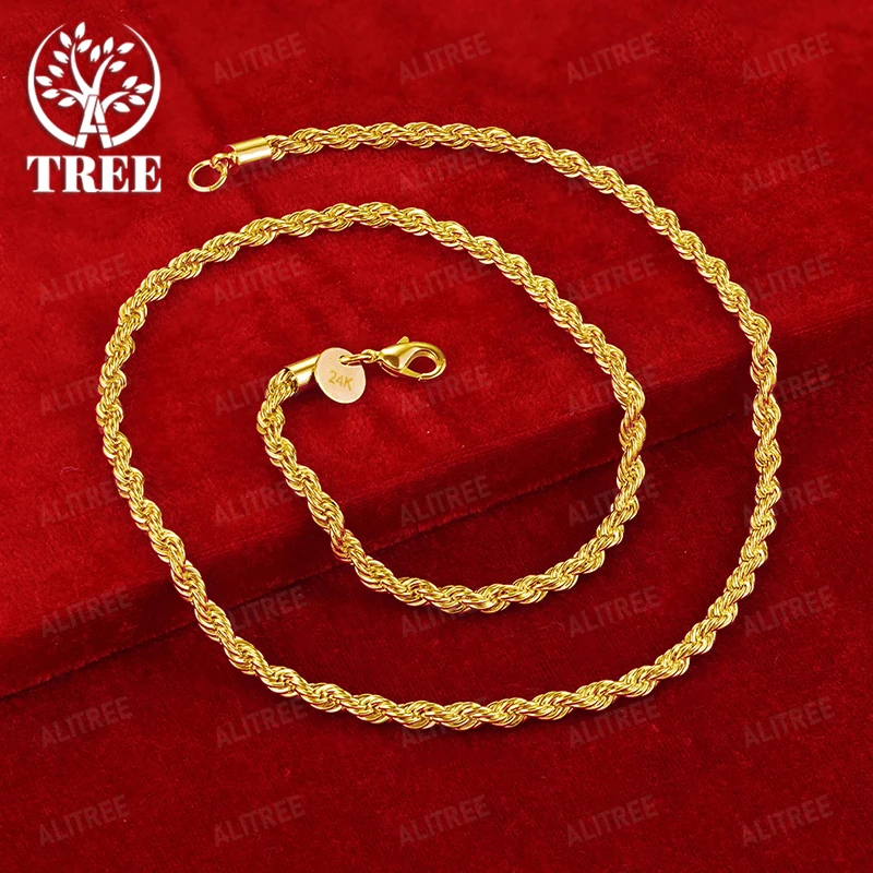 

4mm 18k Gold Twisted Rope Chain Necklace For Men Women Anniversary Party Fashion Classic Trend Simple Jewelry Gift Accessories