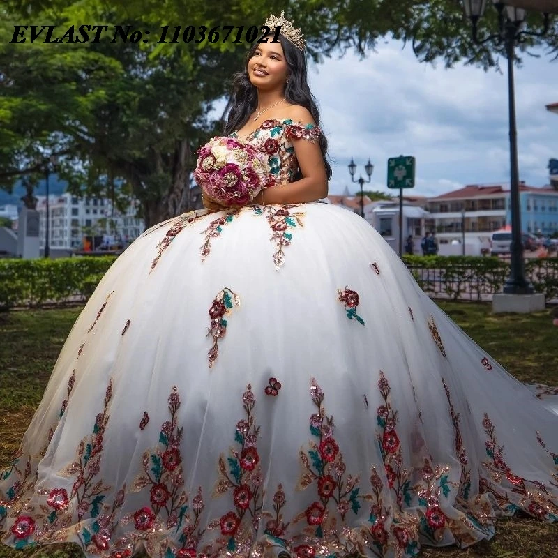 EVLAST Белое платье Quinceanera по индивидуальному заказу, бальное платье, красочная 3D цветочная аппликация, расшитое бисером, Sweet 16, Vestidos De XV 15 Anos SQ21