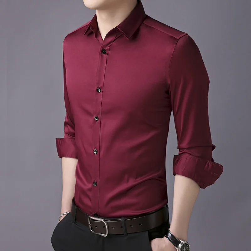 Camisa monocromática de manga longa masculina, slim fit, moda coreana, juventude, negócios, vestido de luxo, camisas masculinas