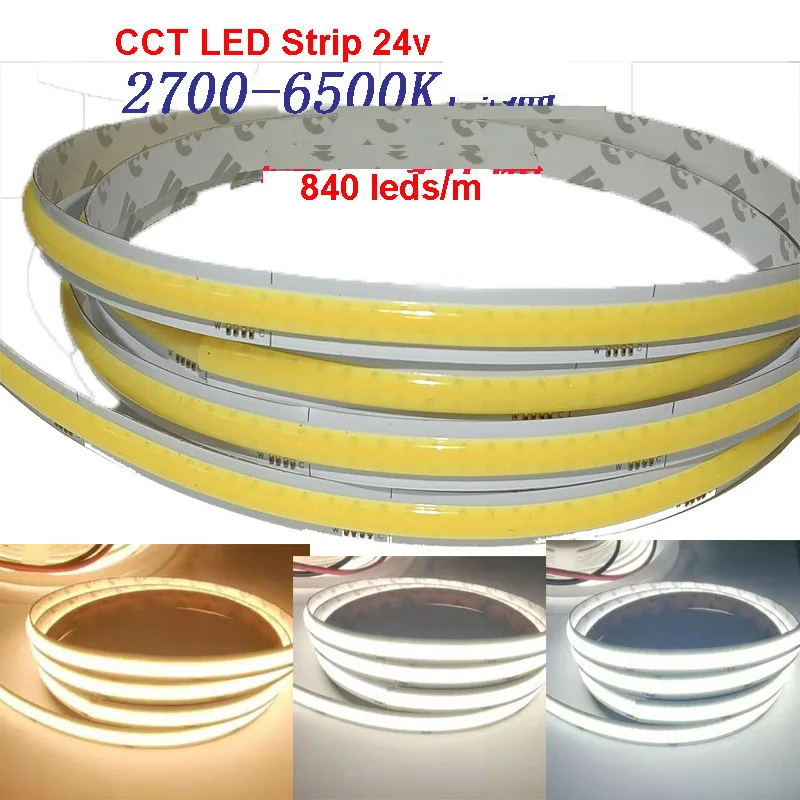 

5m 24V Waterproof LED Cob CCT Strip Warm White+White 840 leds/m 608 leds/m 2700k-6500k 3000k 4000k 6000k Dimmable LED Soft Tape