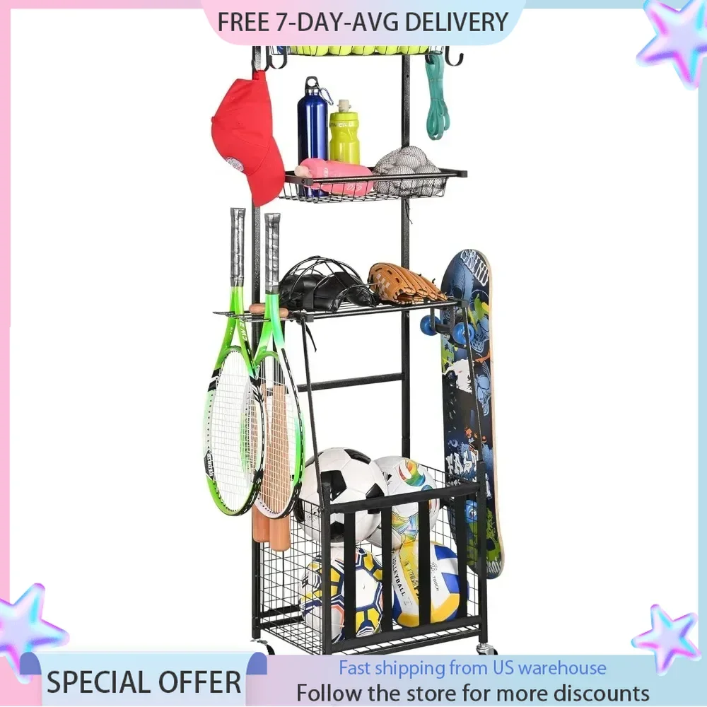 Sports Equipment Storage for Garage,  Ball Storage Garage Organizer with Basket and Hooks, Storages Systems Sports Gear Storage