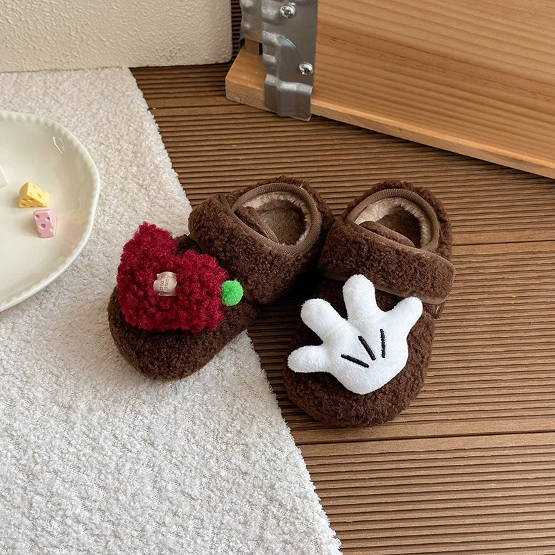 Toddler Asymmetric 3D Doll Plush Winter Shoes Magic‑Tape Fleece‑Lined Non‑Slip Fuzzy Kids Shoes