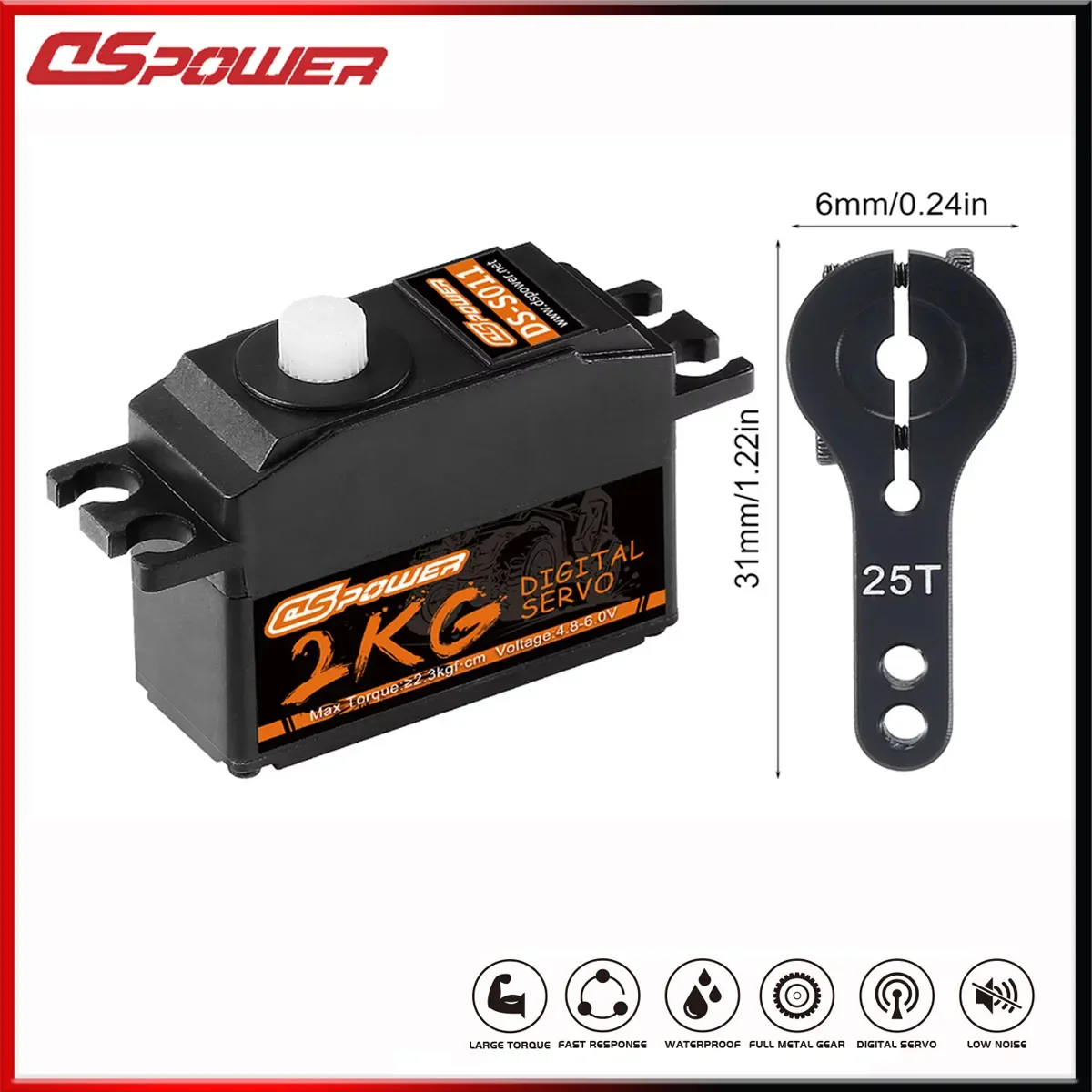 DSPOWER Waterproof  Servos 2KG Digital Servo Plastic Gear Core Motor 4.8-6V with 25T for 1/12 RC Car Model Airplanes Accessories
