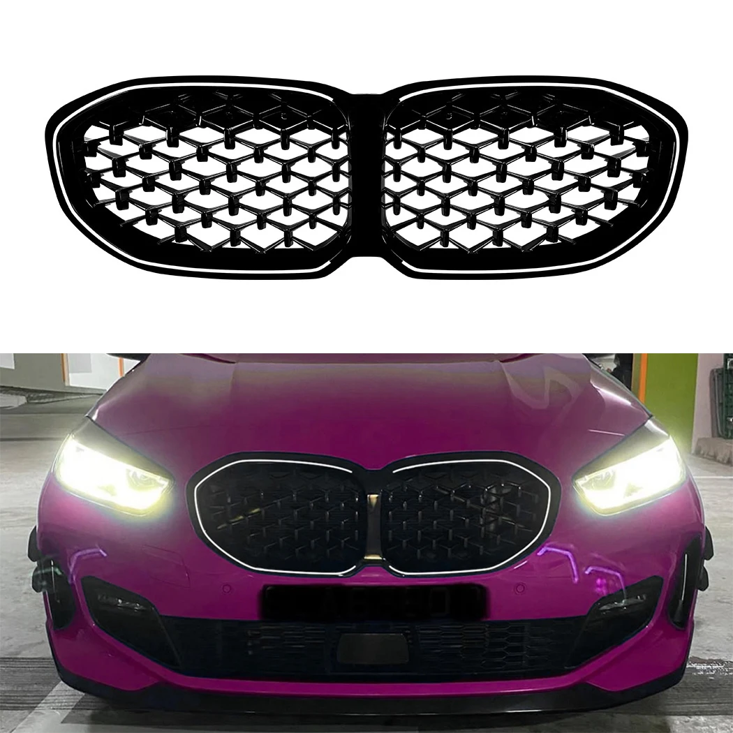 

With Light Front Grille Grills ABS Gloss Black For BMW 1 Series F40 2019 2020 2021 2022-2024 Front Racing Grille Accessories