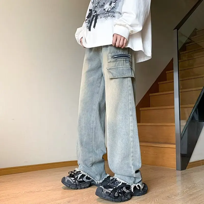 

Jeans Men Japanese Style Baggy Ins Full Length All-match Chic High Street Denim Trousers Simple Daily Autumn College Vintage New