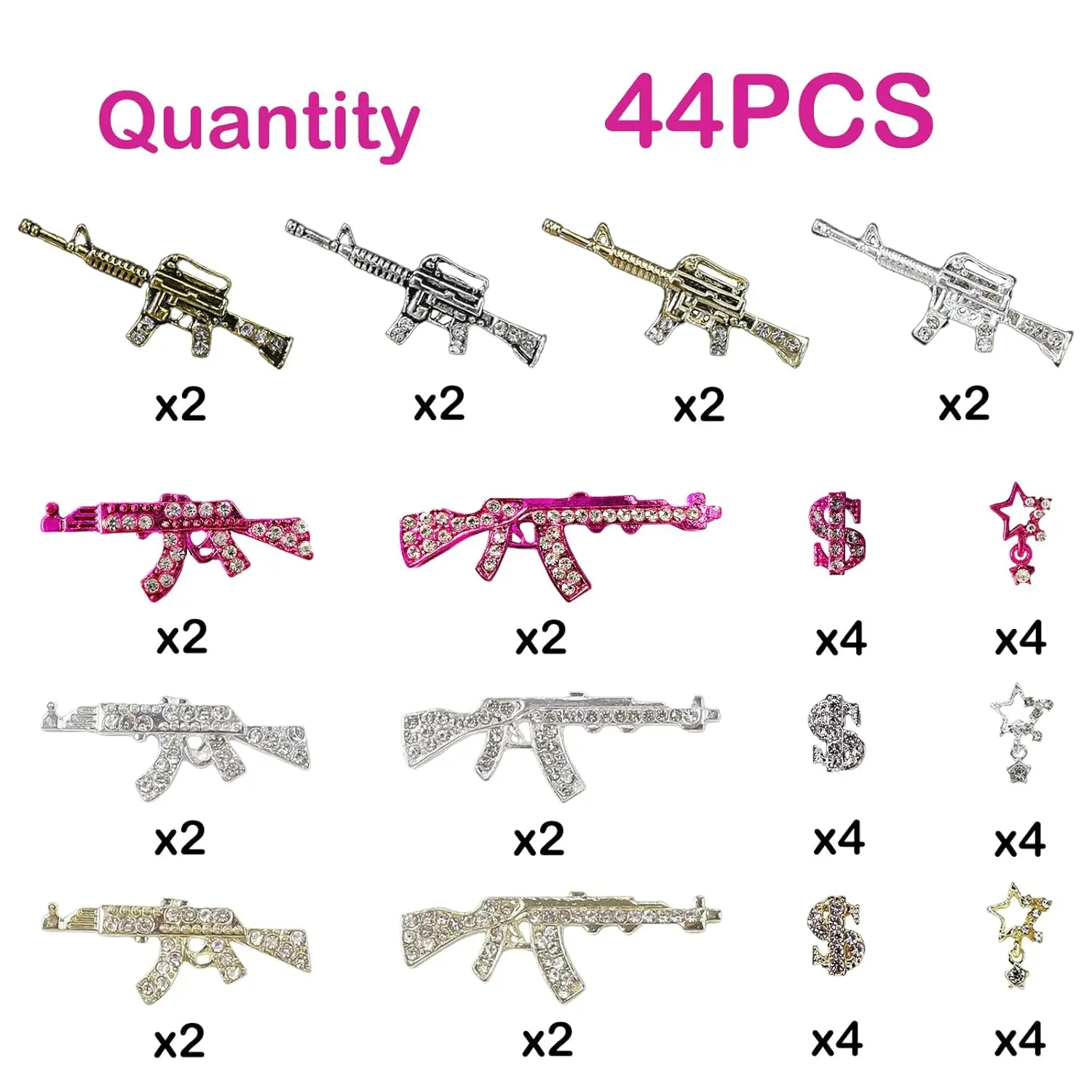 44PCS Gun Nail Charms Nail Art Rhinestone Alloy Gun Dollar Sign Star Nail Luxury Decor for Acrylic DIY Jewelry Nails Accessories