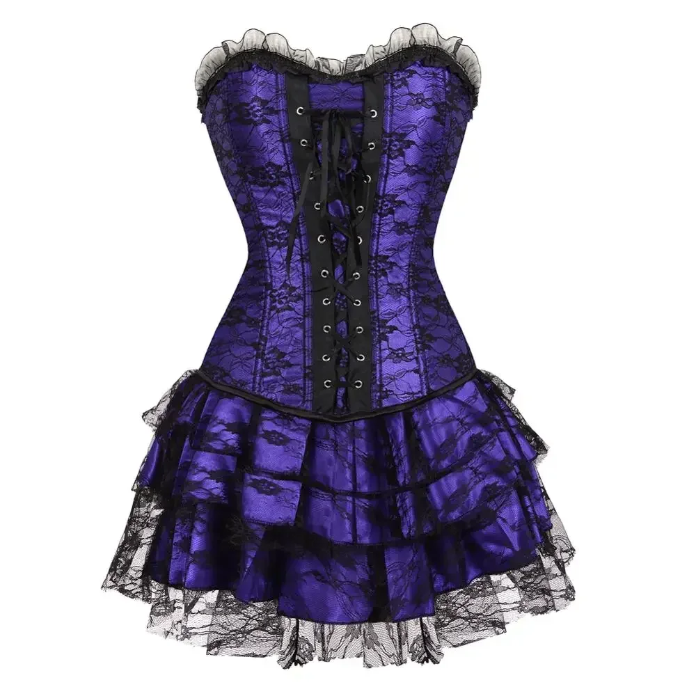 

Burlesque Corset Floral Lace Up Bustier Skirt Masquerade Bustiers with Layered Mini Skirts Gothic Korsage Dress Party Costumes