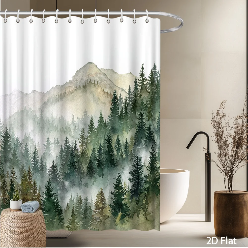Mountain & Forest Shower Curtain – Watercolor Nature Design, 2D Flat, Machine Washable, Includes Hooks, Multiple Sizes