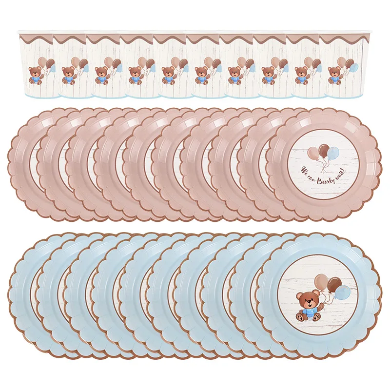 10Pcs Cute Teddy Bear Paper Plates Cups Disposable Tableware For Kids Happy Birthday Party Baby Shower Supplies