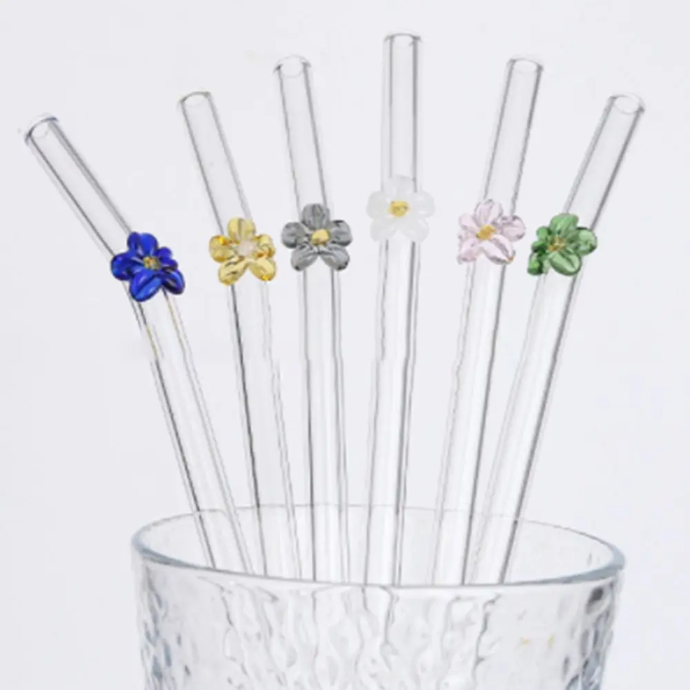 Flower Glass Straws Reusable Straight Bend Straws Transparent Heat-resistant Drinking Straw Tea Coffee Straw for Bar Accessories