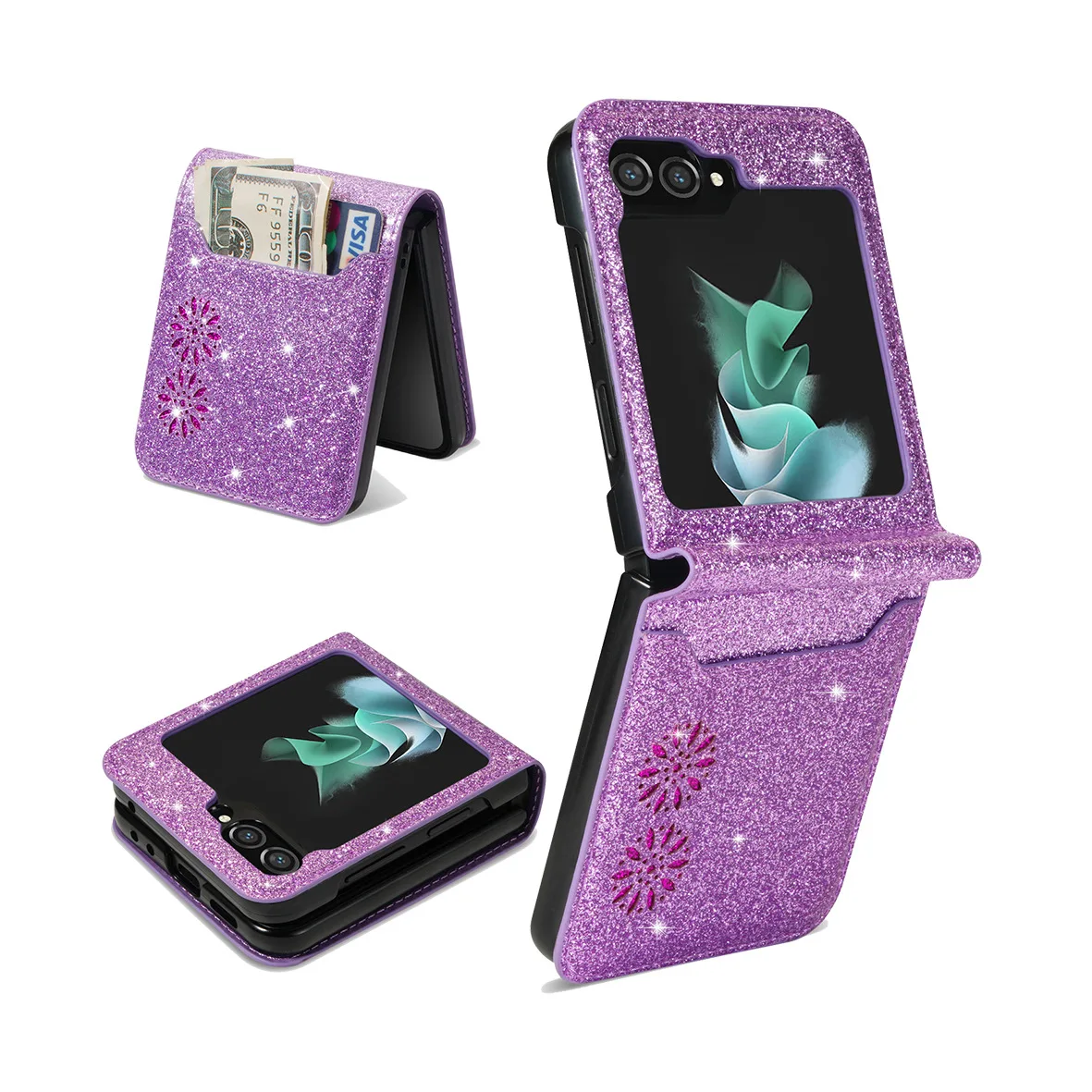 Suitable for Samsung Z Flip7 phone case with up-and-down folding screen FLIP4 glittering starry night laser engraving card slot - view 5