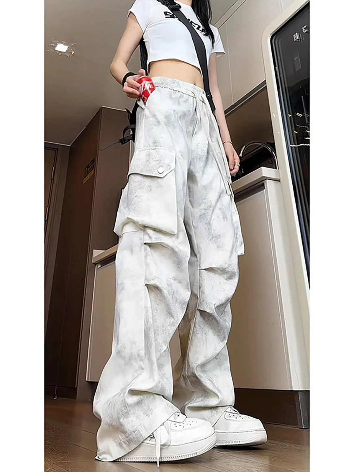 Casual Men's Fleece Lined Tie Dye Drawstring Thick Workwear Straight Leg High End Feeling Sweatpants American Paratrooper Style