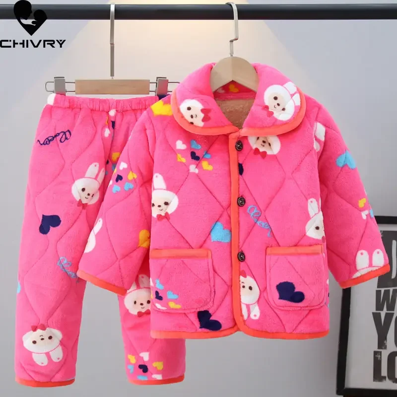 New Winter Kids Flannel Cotton-padded Thick Warm Pajamas Cartoon Lapel Pyjamas Sets Baby Boys Girls Sleepwear Clothing Home Wear