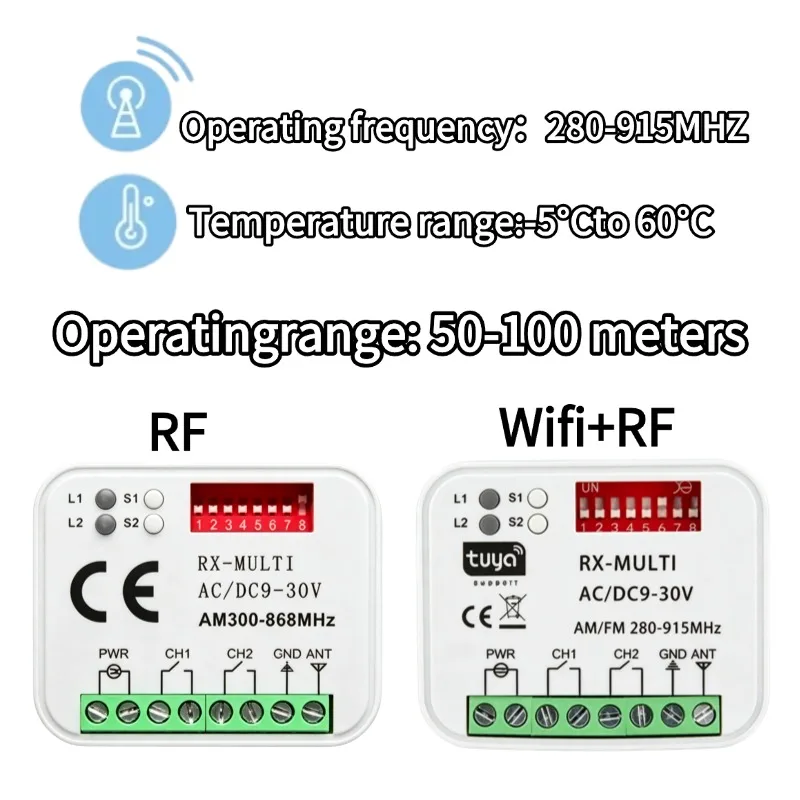 RX MULTI Tuya WIFI 300-868 MHz Garage Door Remote Control Receiver 433MHz 868MHz AC DC 9-30V 85-250V Smart Switch Module Opener