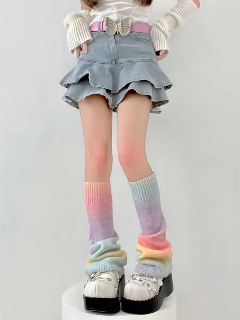 

Милые носки-трубы для девочек JK, наряд с радужным градиентом, вязаные теплые пикантные девушки, субкультура, чехол для теленка, ворс, пряжа, широкие гетры