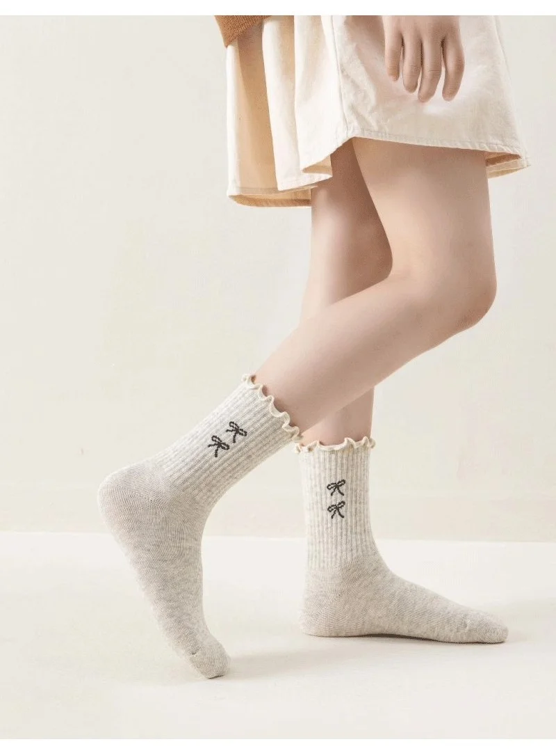4 Paar/Set Kindersocken für Mädchen, gerüschte, süße Schleifen-Mittellängensocken für Mädchen, einfarbige, vielseitige Kindersocken für Schüler, Frühling Herbst – Detail 5