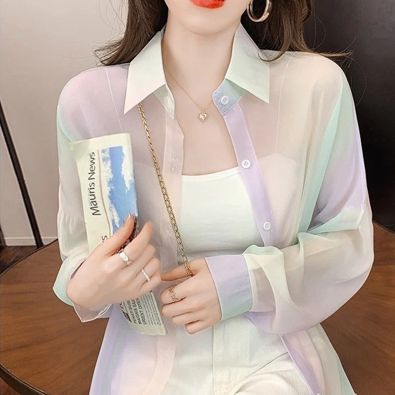 Camisa y blusas de manga larga con cuello vuelto de Color arcoíris degradado Irregular, camiseta holgada fina transparente para mujer, camiseta informal nueva