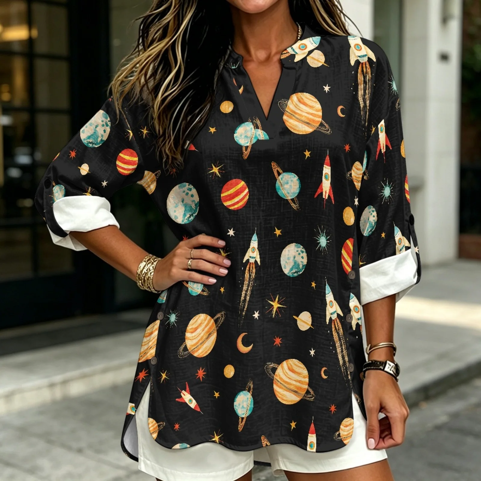 PENSTROLL Planet Design Linen Like Women's Long Sleeve Blouses Roll Up Sleeve Causal Shirt for Womens Sizes S-5XL