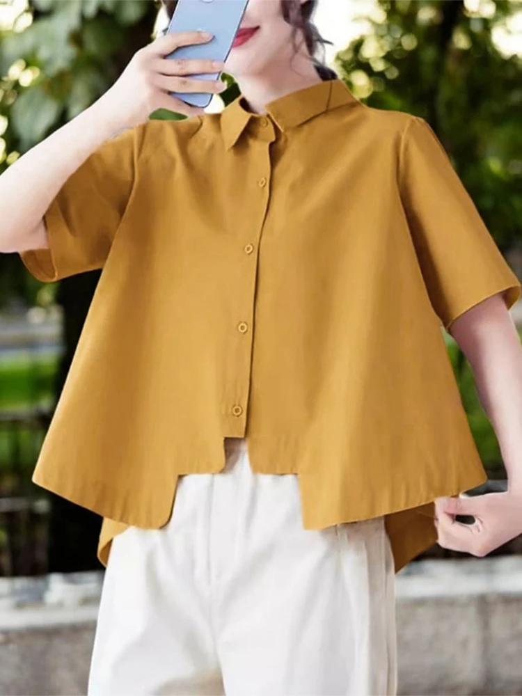 

ZANZEA Women Fashion Summer Shirts 2025 Short Sleeve Blouse Elegant Asymmetrical Top Buttons Casual Solid Color Blusas Femininas