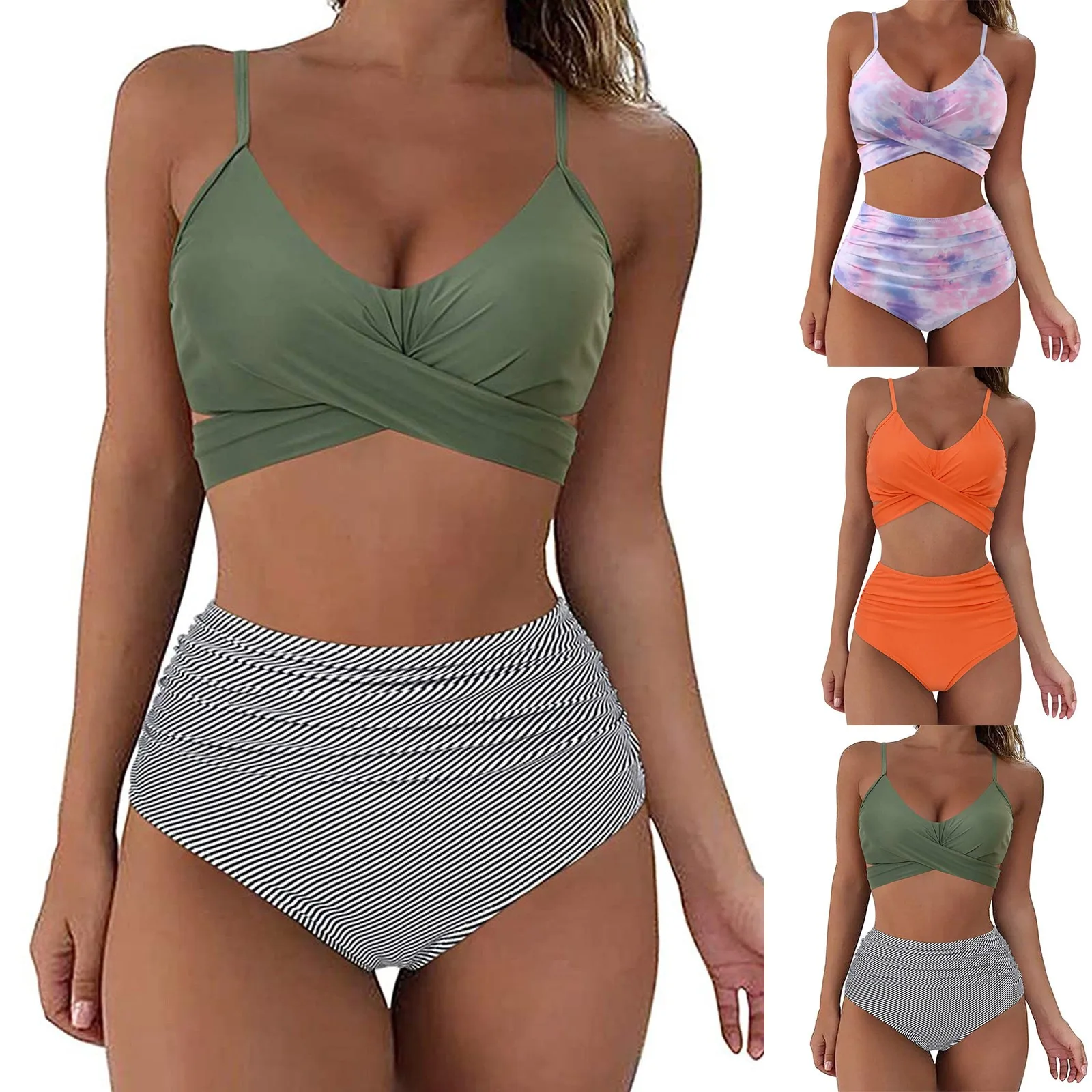 2024 Dames Zachte Hoge Taille Bikini Badpak Sexy Push-Up Tweedelige Badkleding Dames Ademend Retro Bedrukt Badpak Met Ruches