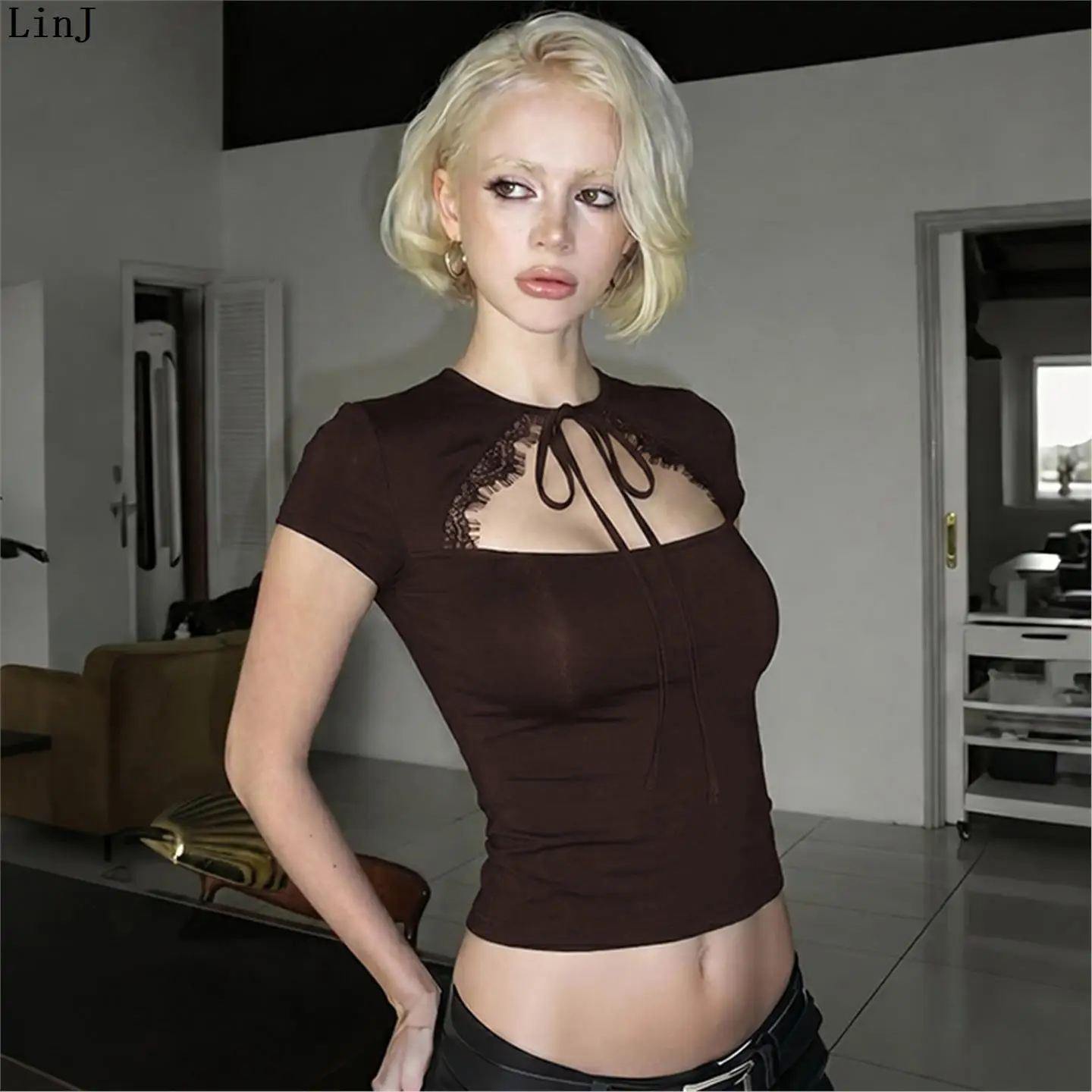 LinJ2026 Women's Lace Trim Hollow out Slim Fit Summer Vacation Short Sleeve Top City Walk Outerwear A-Line Narrow Strap Vest
