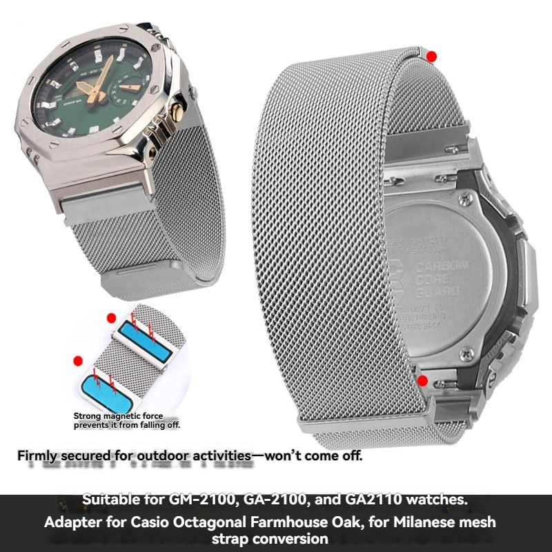 Fashion Milanese Mesh Stainless Steel Watch Band, Metal Mod Strap for Casio GA2100 GM2100 GA2110 Octagonal Farmer Oak