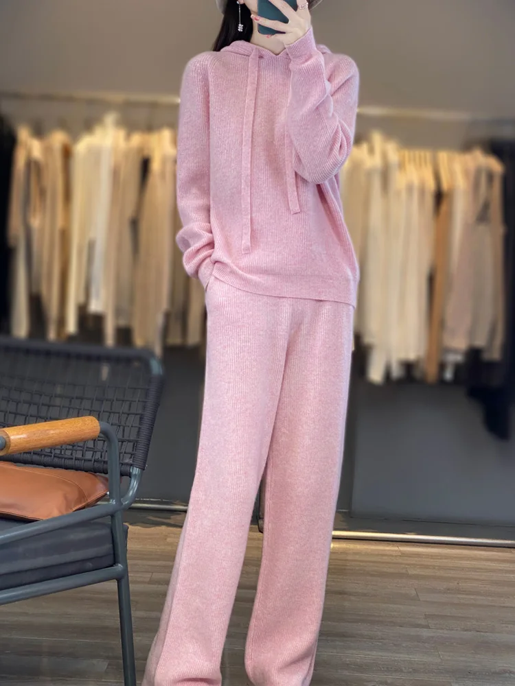 100%Australian Wool Knitted 2 Piece Sets Women Casual Long Sleeve Hooded Sweater Elastic High Waisted Wide Leg Pants Suit Outfit